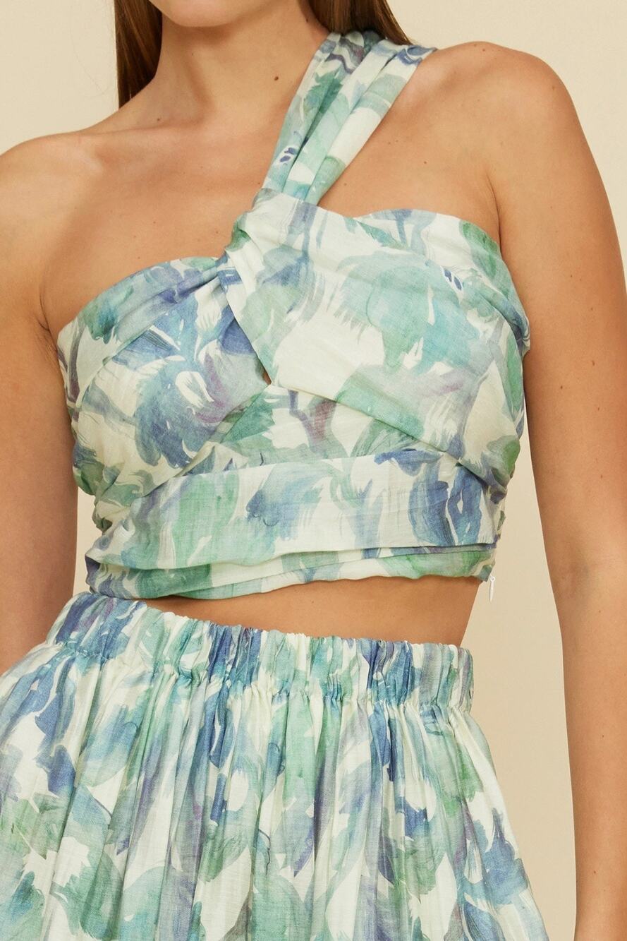 NWT Lucy Paris Sophia One Shoulder Top Blue Floral Linen M